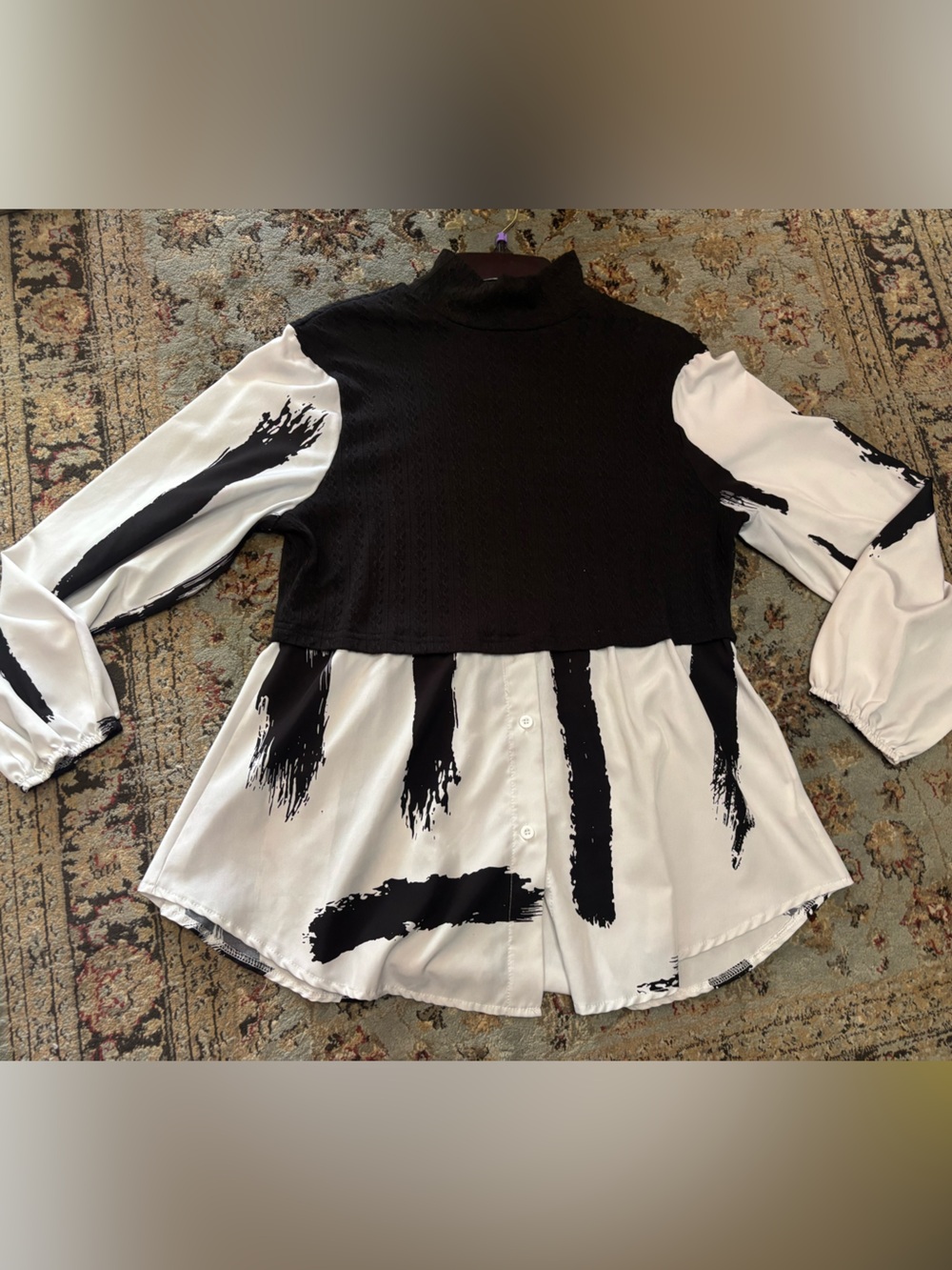 Black & White Brushstroke Long Sleeve Blouse
